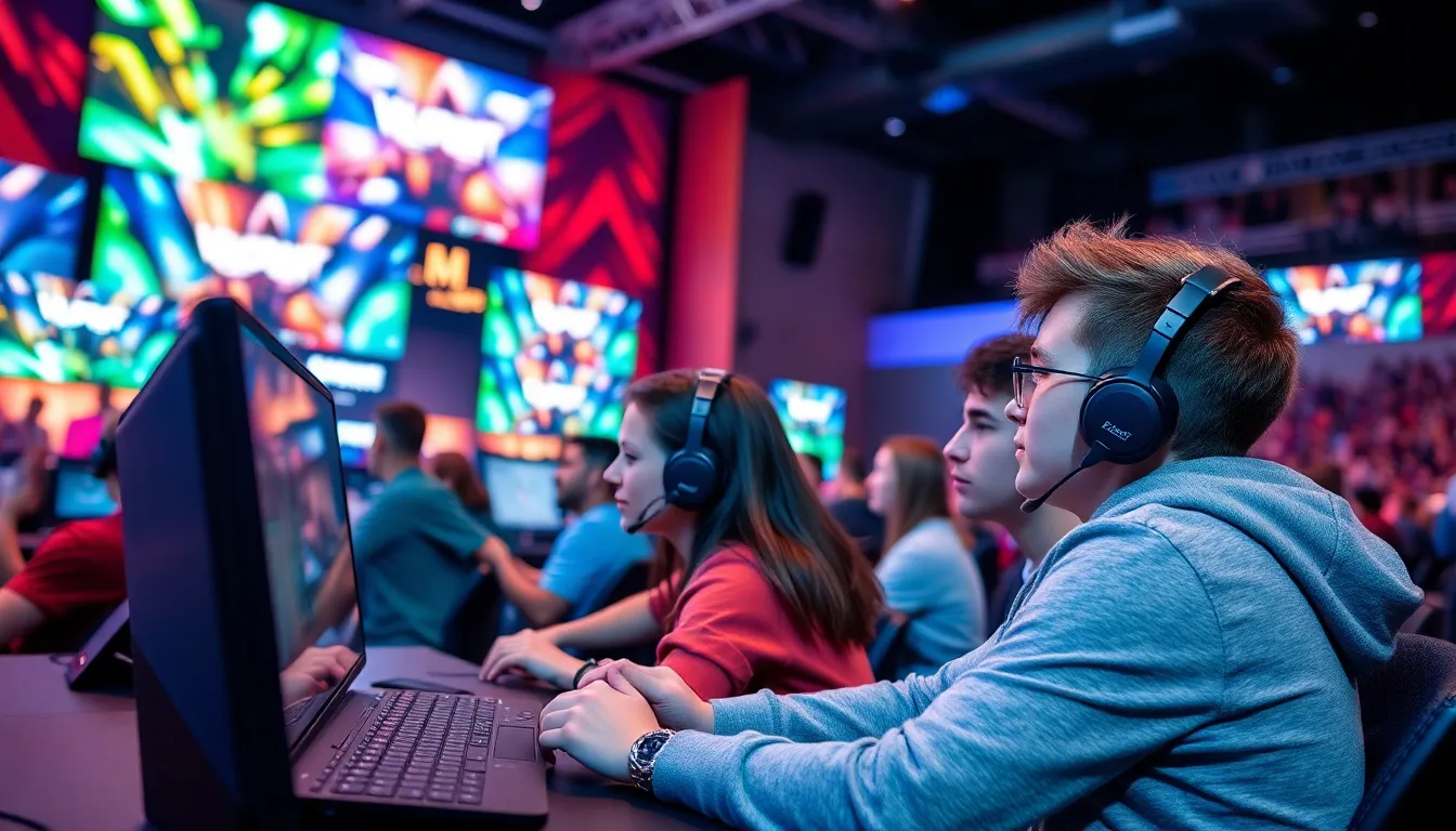 Students compete intensely in a collegiate VALORANT tournament organized by Newegg and Evil Geniuses, showcasing their skills in a vibrant esports environment.