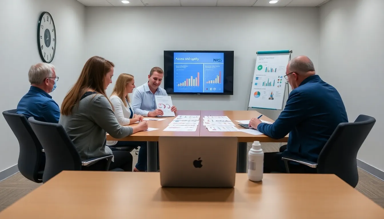 A group of dental professionals discusses the challenges facing NHS dentistry during a meeting, with charts and reports on the table highlighting the crisis in access and quality of care.