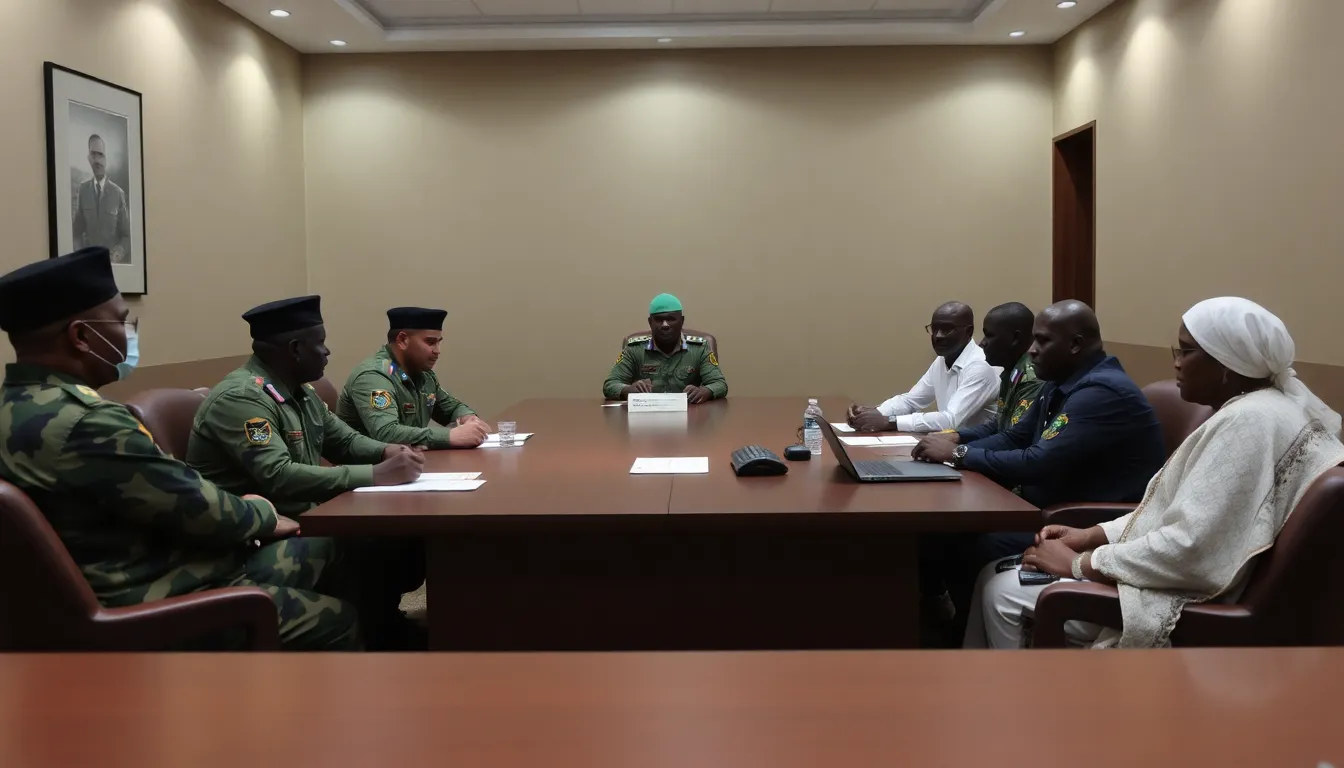 A group of military personnel and civilians gather in a tense meeting, discussing the alleged coup plot that has sparked national concern in Nigeria.
