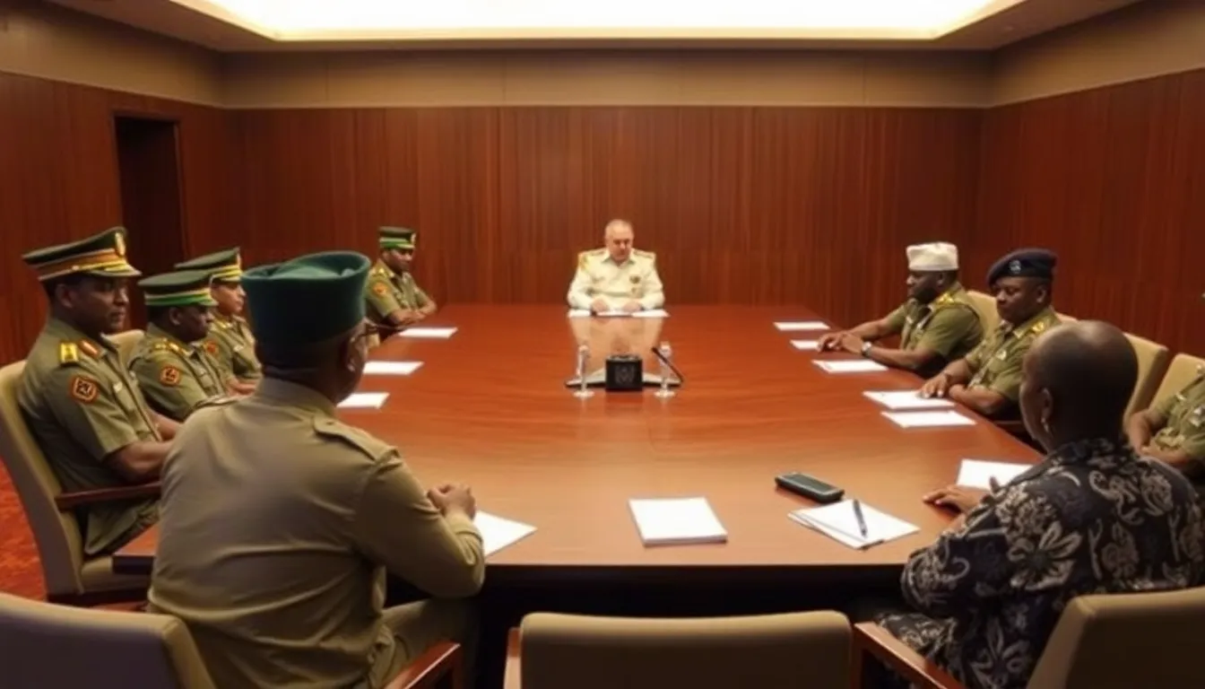 Military officials engaged in discussions, reflecting their dual role as both potential instigators and stabilizers in Nigeria's complex political landscape