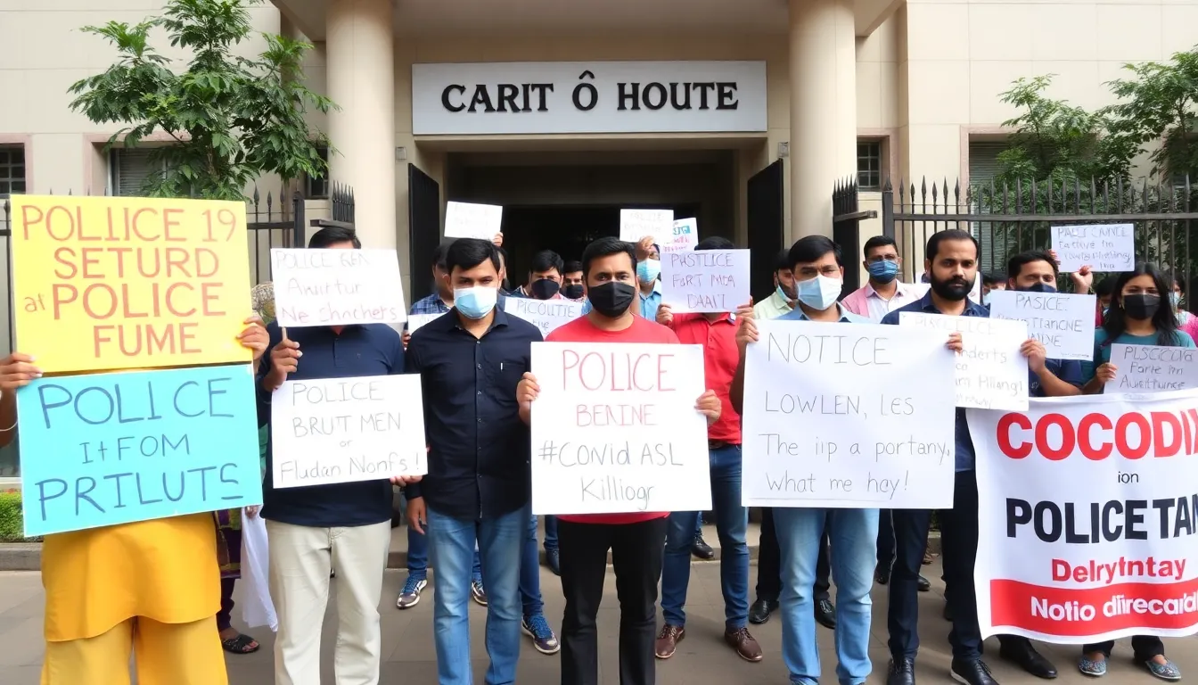 A group of people gathers outside a courthouse in India, holding placards and banners to protest against police brutality following the sentencing of nine policemen to death for custodial killings during the Covid19 lockdown.