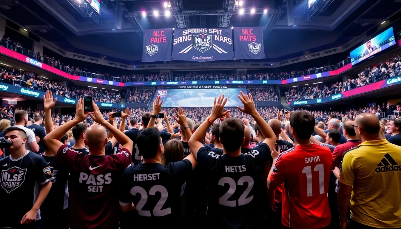 Fans gather at an esports arena, eagerly discussing the recent announcement of the NLC Spring Split postponement while wearing team jerseys and holding banners.