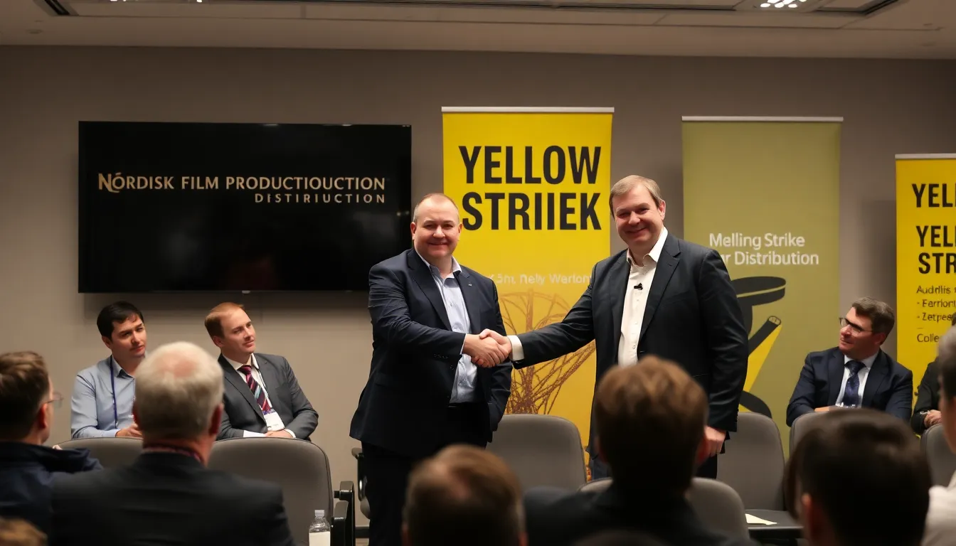 Executives from Nordisk Film Production and Yellow Strike Distribution shake hands at a press conference announcing their new distribution agreement for upcoming projects on Prime Video.