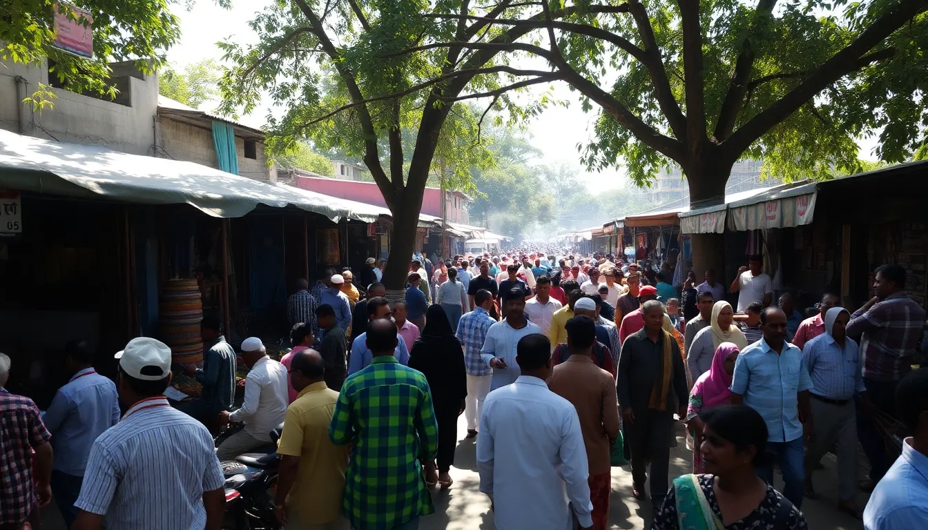 People seek shade under trees in a bustling market as temperatures soar above 40 degrees Celsius in North India.