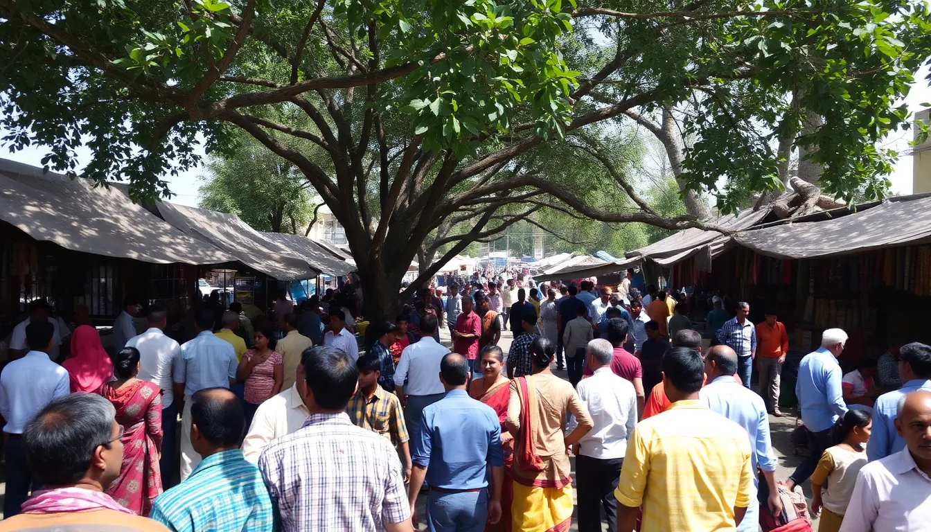 Health officials conducting a public awareness campaign in a local community, educating residents on hydration and heat safety measures