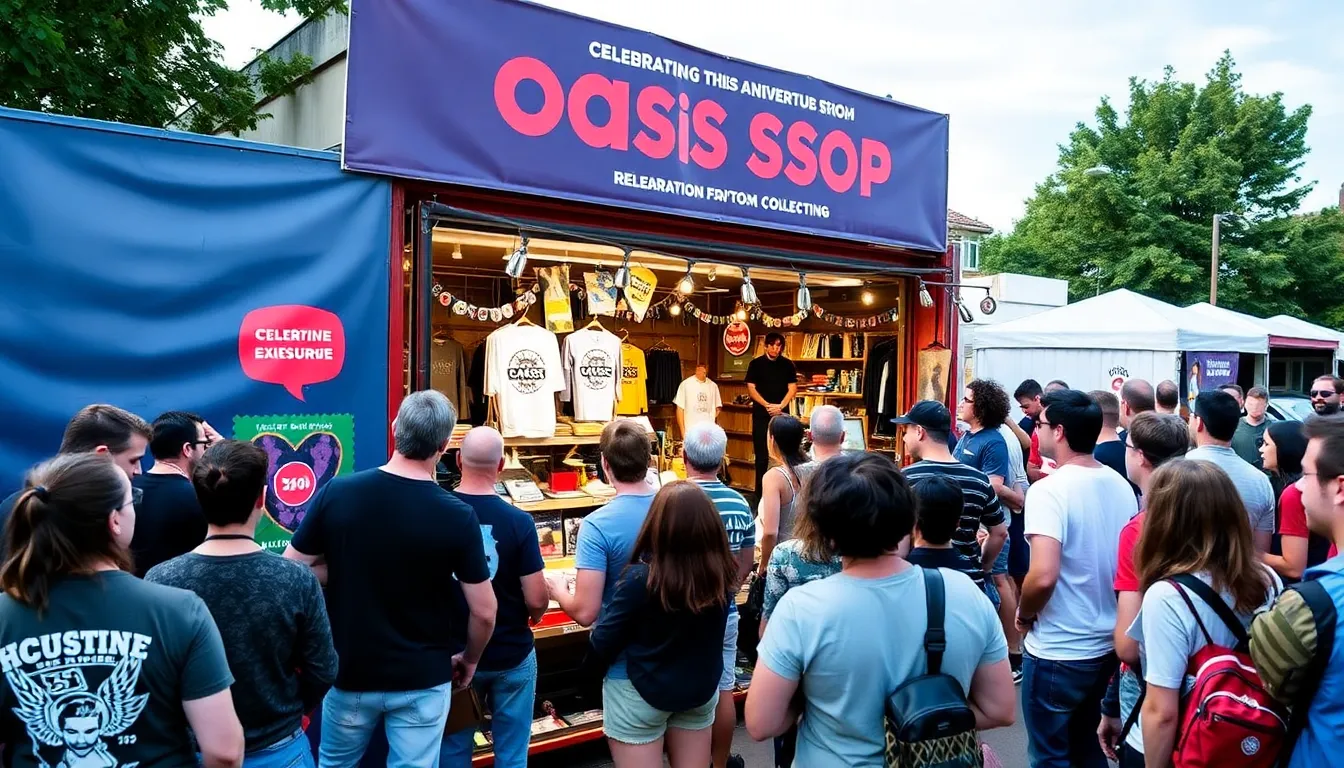 A crowd of enthusiastic fans gathers outside a merchandise popup shop celebrating the 30th anniversary of Oasis' iconic album, eagerly browsing through exclusive apparel and collectibles.