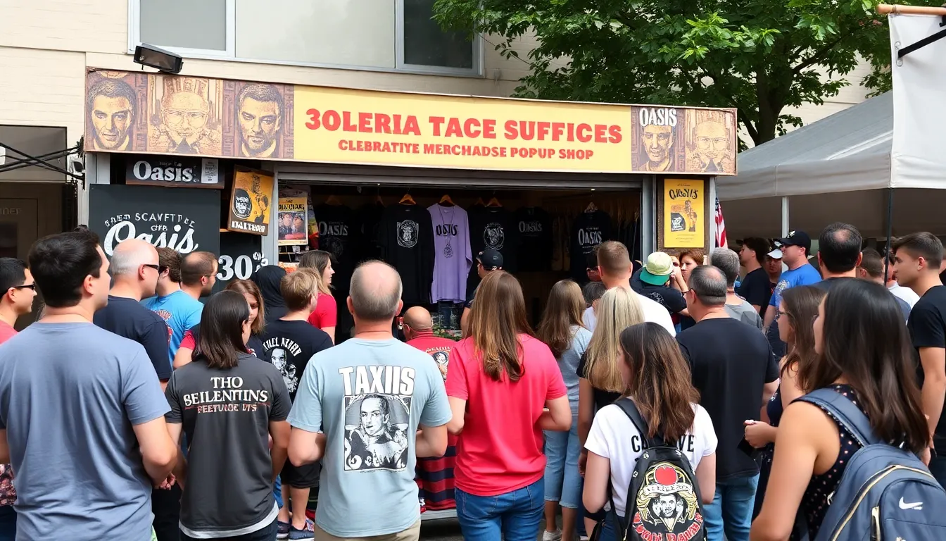 Fans enthusiastically showcasing their vintagestyle tshirts featuring iconic band imagery, capturing the spirit of the merchandise campaign