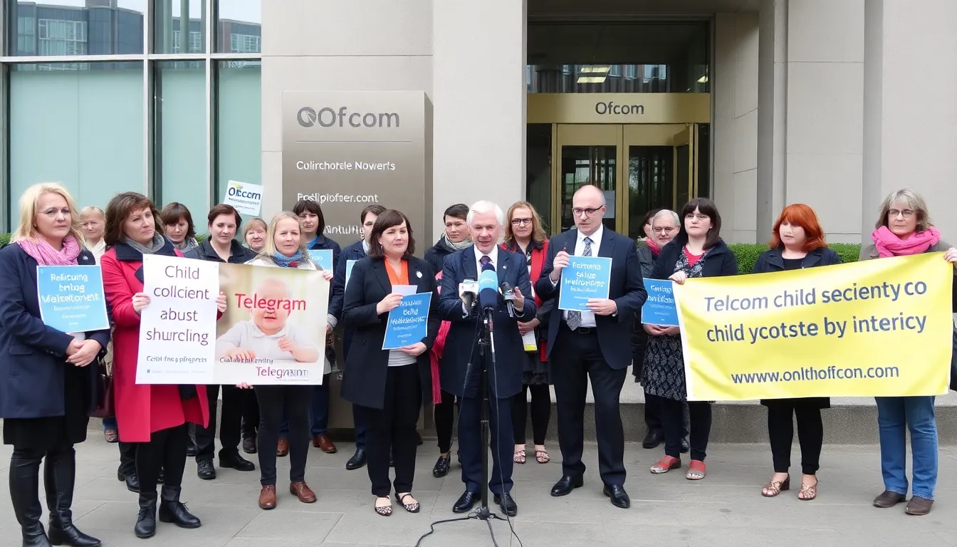A group of child protection advocates holds a press conference outside Ofcom's headquarters, expressing their concerns over Telegram's handling of child sexual abuse material.