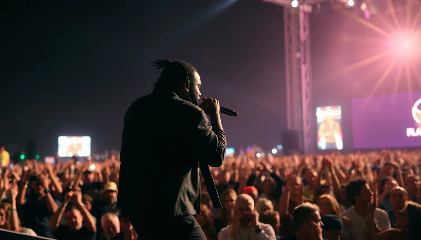 Rapper Offset energetically performs on stage at Coachella, engaging with the enthusiastic crowd just days after surviving a shooting incident.