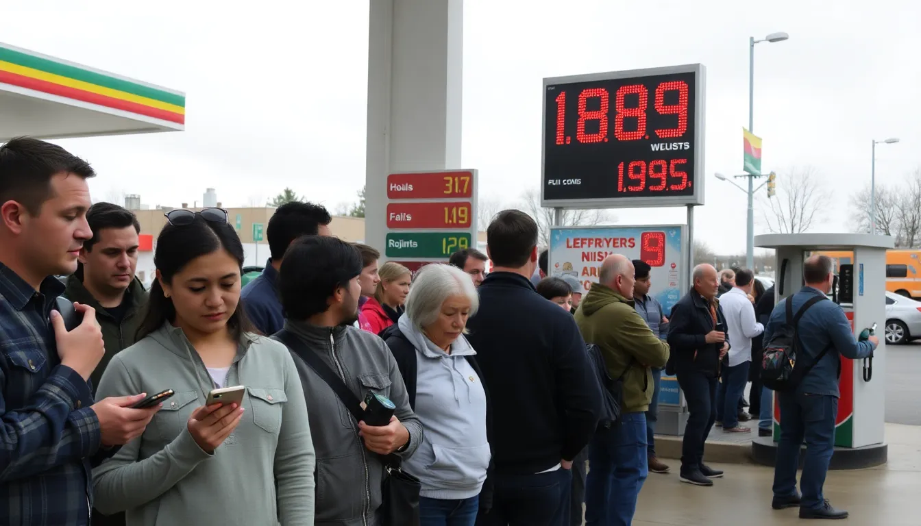 Crowds gather outside a gas station as prices rise, reflecting the recent fluctuations in oil stocks and gas prices following Trump's speech on Iran.