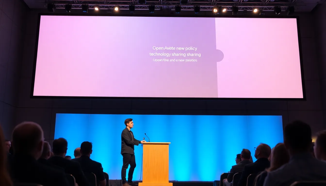Sam Altman speaks at a conference on AI safety and governance, announcing OpenAI's new policy to limit technology sharing to trusted partners.