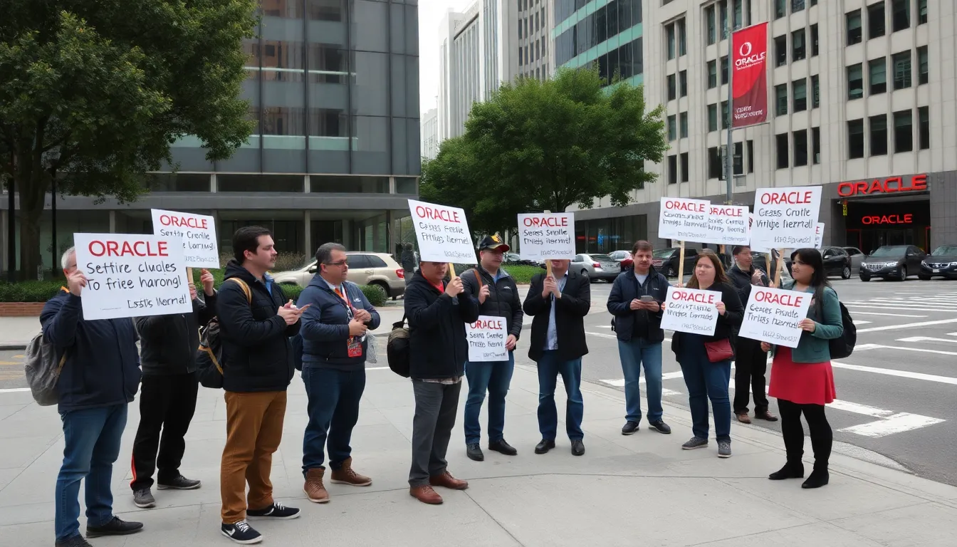 A group of Oracle employees gathers outside the company's headquarters, holding signs and expressing their concerns about the recent announcement of massive layoffs.