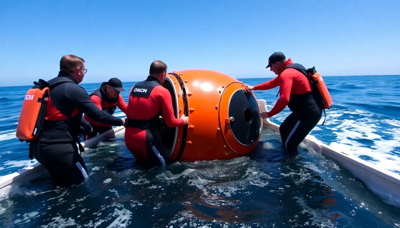 Recovery team members working diligently to ensure the safety of the Orion capsule during the hatch opening operation