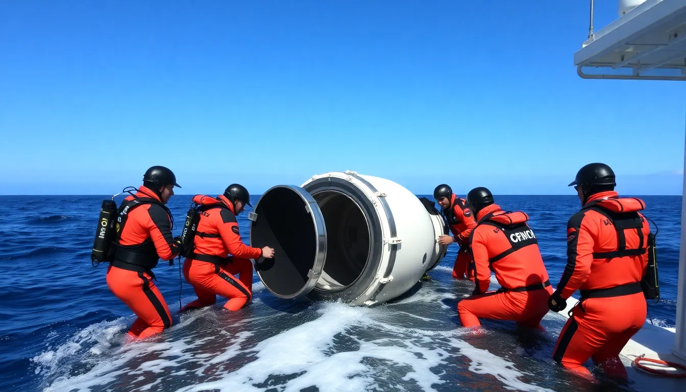 The Orion capsule floating in the water as recovery personnel prepare to assess its systems following the successful mission