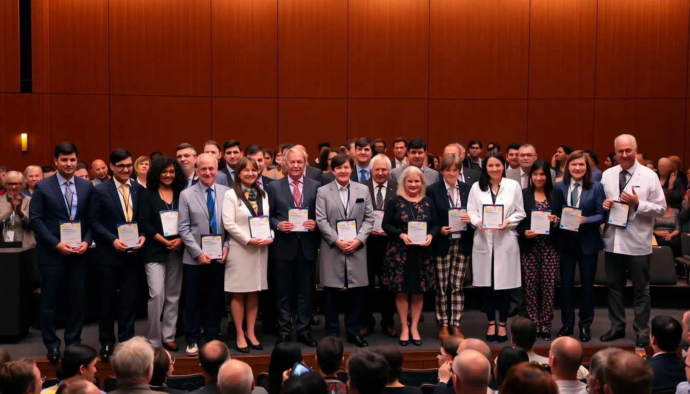 A diverse group of scientists stands on stage at the Breakthrough Prize ceremony, proudly holding their awards while an audience applauds their groundbreaking achievements in various scientific fields.