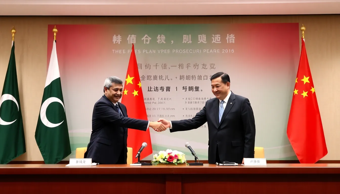 Pakistani and Chinese officials shake hands during a press conference announcing their joint fivepart peace plan aimed at resolving conflicts in the Middle East.