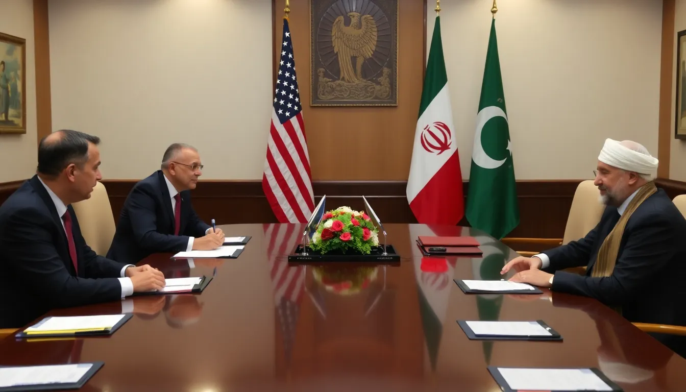 Diplomats from the United States and Iran engage in discussions at a conference table in a formal meeting room in Pakistan, highlighting the country's role as a mediator in highstakes peace talks.