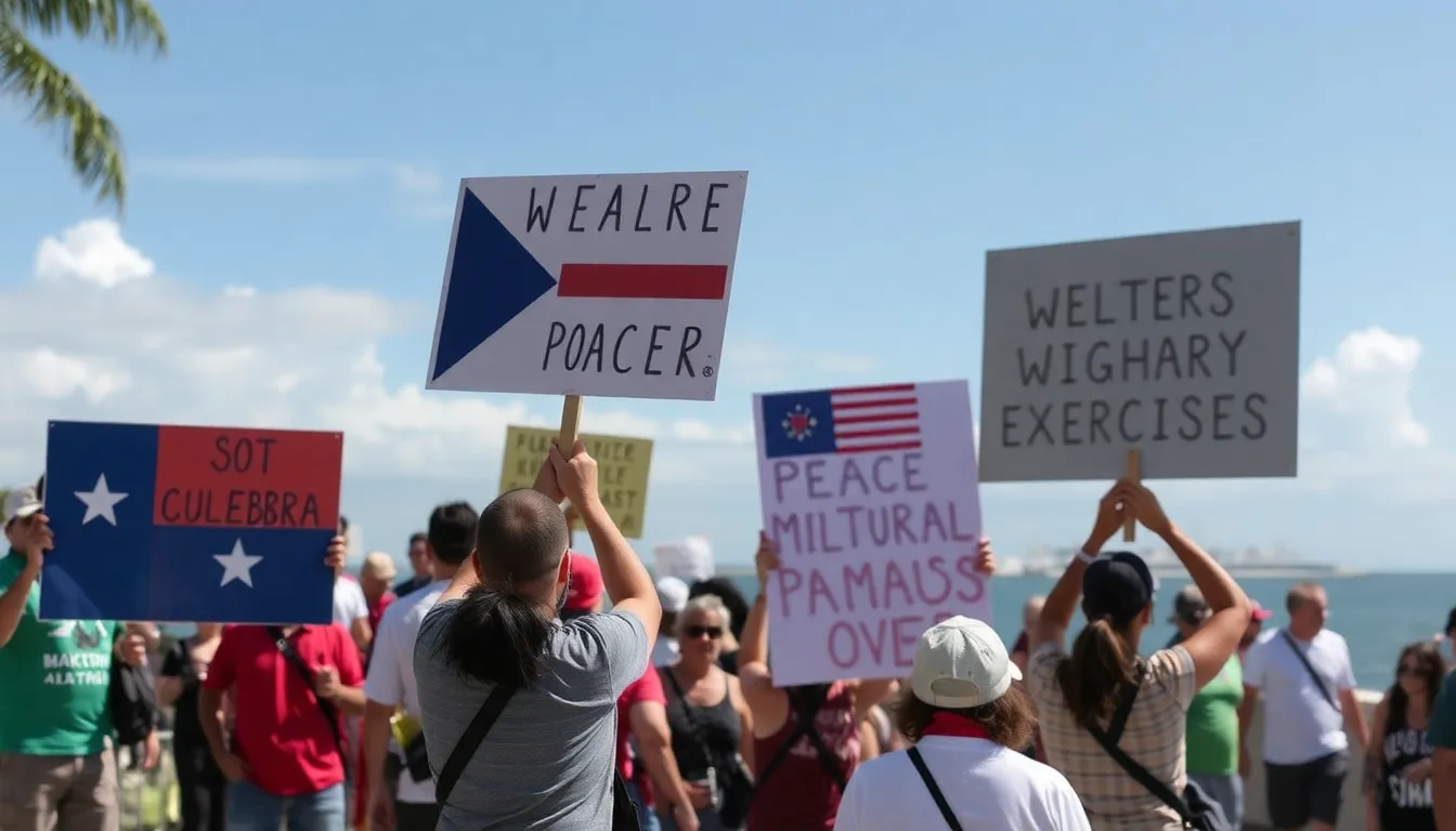 Local activists gather near Culebra Cut, expressing concerns about the resurgence of U.S. military exercises in Panama while holding signs advocating for national sovereignty and peace.