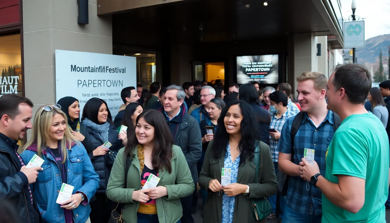 A crowd gathers outside the MountainFilm Festival venue, eagerly anticipating the premiere of the Papertown documentary featuring an original song by Dave Matthews.