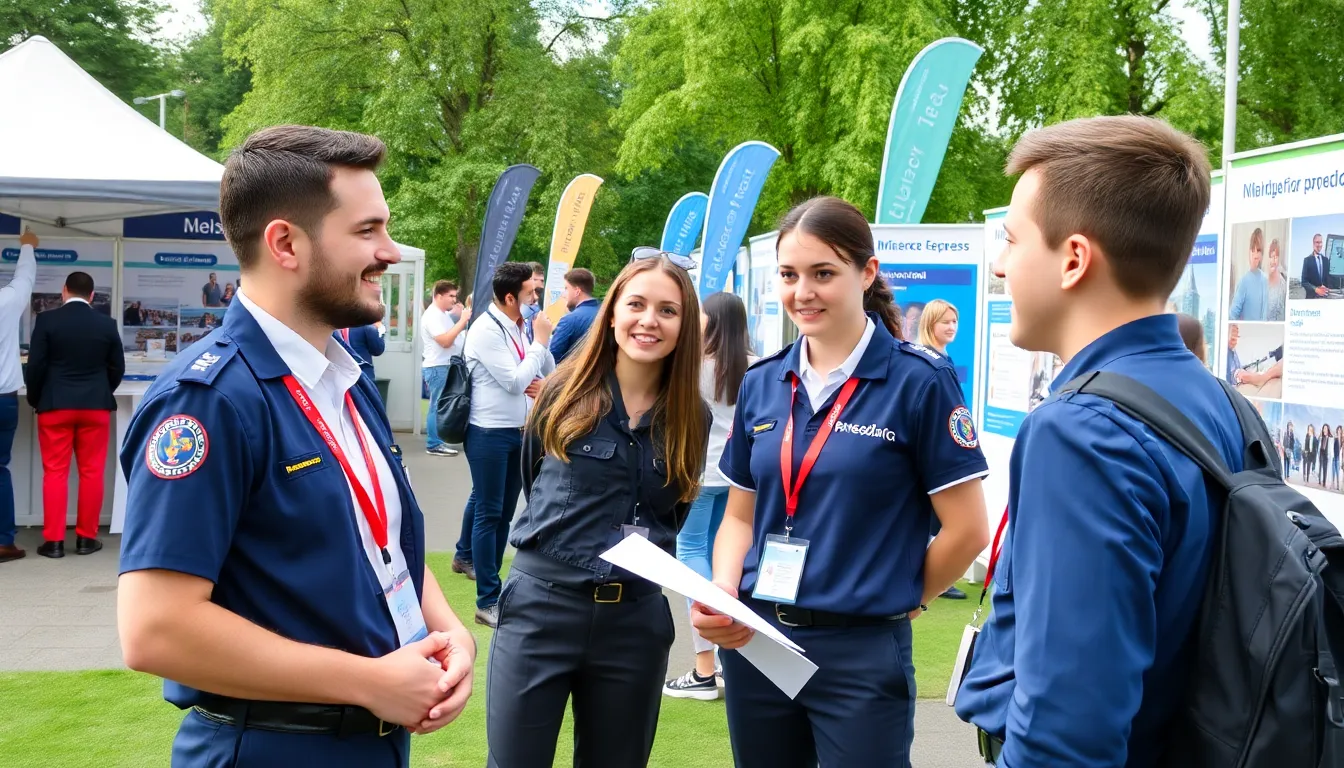 A group of paramedic graduates discussing career opportunities abroad in a university setting