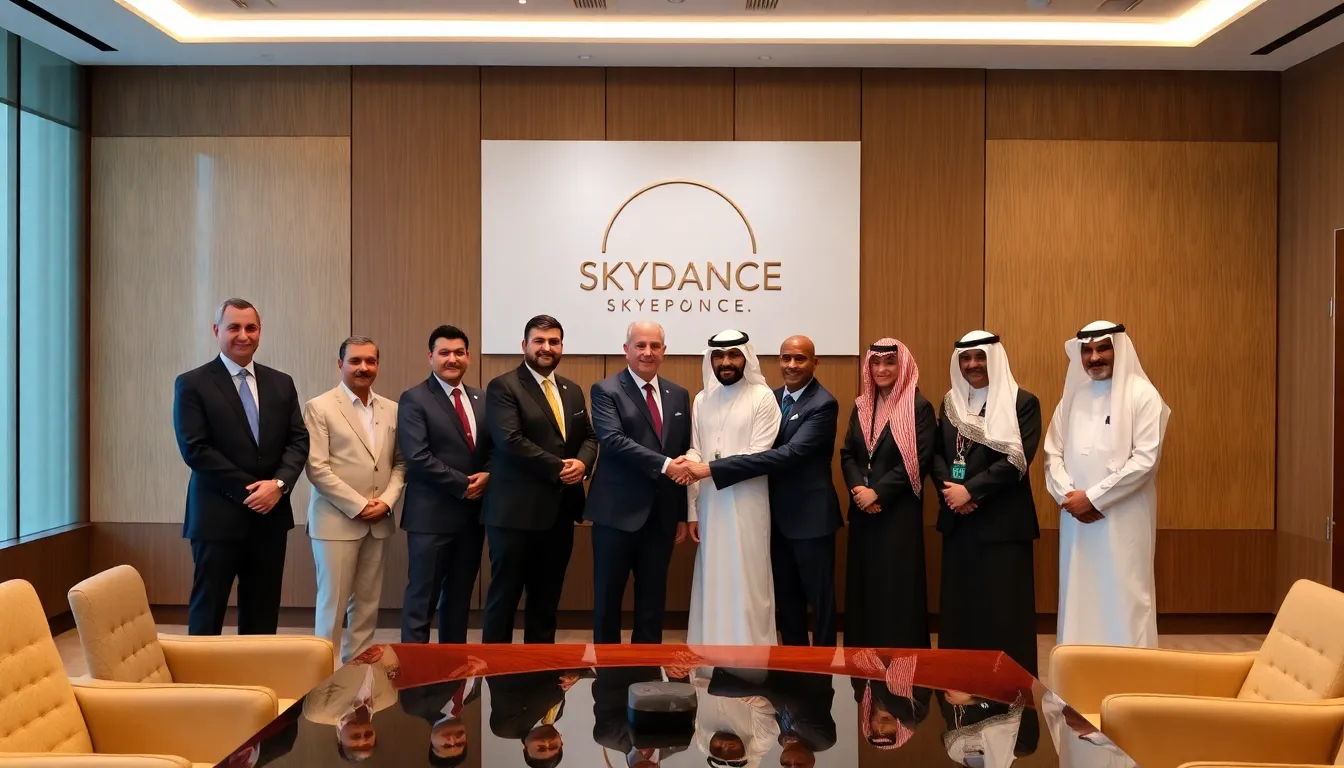 A group of business executives from Paramount Skydance and representatives of Middle Eastern sovereign wealth funds shake hands in a conference room, celebrating the completion of a  billion investment deal aimed at enhancing film production capabilities.