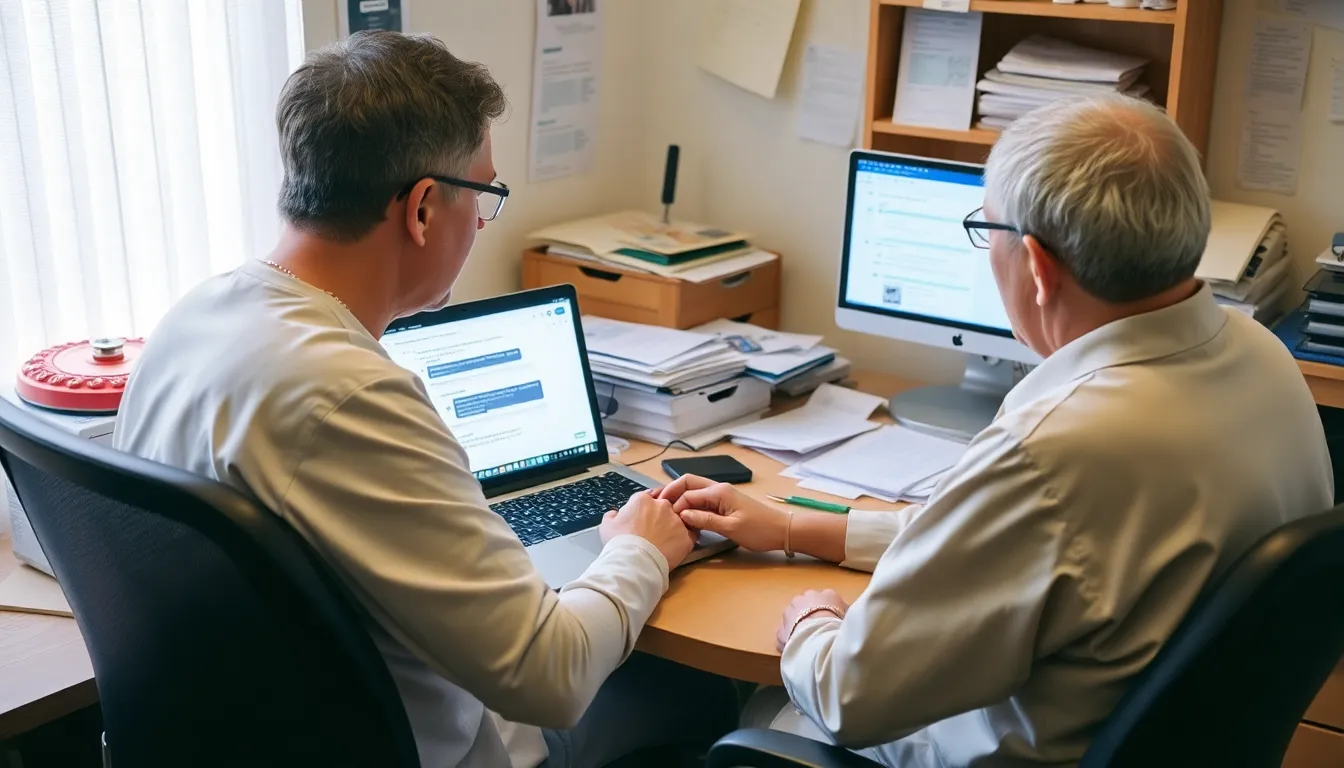 A patient sits at a desk, interacting with a chatbot on a laptop screen while surrounded by medical bills and paperwork.
