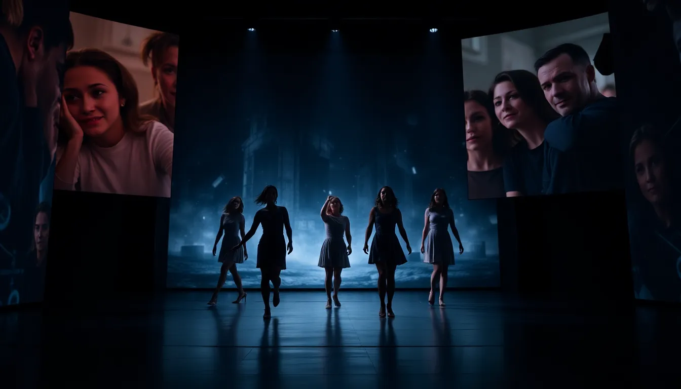 Ten dancers perform a contemporary routine on stage, expressing themes of hope and despair against a backdrop of evocative visuals that highlight societal anxieties.
