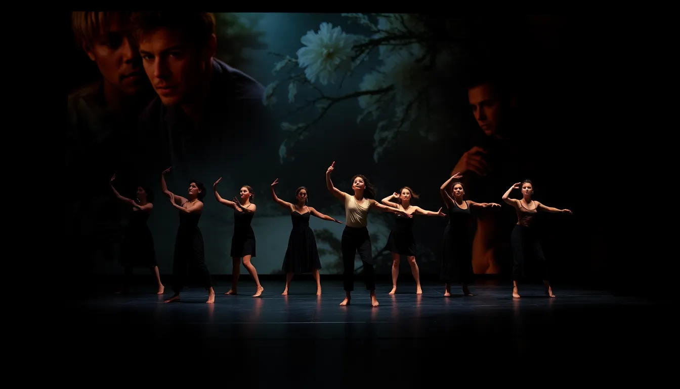 The vibrant interplay of light and shadow highlighting the emotional depth of the dancers' movements during the performance