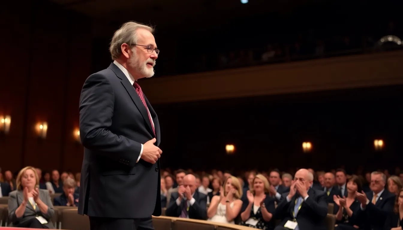 James L. Brooks stands on stage at the Peabody Awards ceremony, receiving the inaugural Industry Icon Honor amidst applause from the audience.