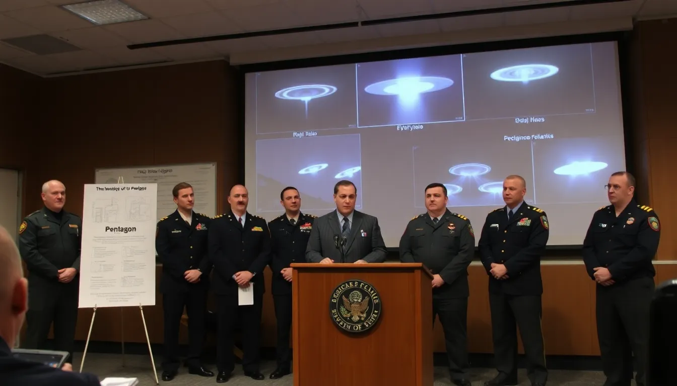 A group of military personnel discusses the implications of the Pentagon's recently released UFO videos during a press conference, with charts and images of unidentified aerial phenomena displayed in the background.