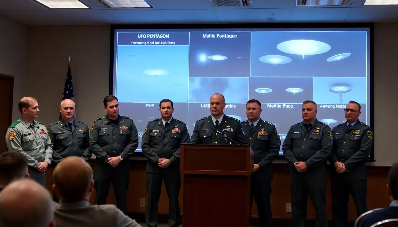 Researchers collaborating on UFO investigations, analyzing footage and discussing scientific inquiries into unidentified aerial phenomena