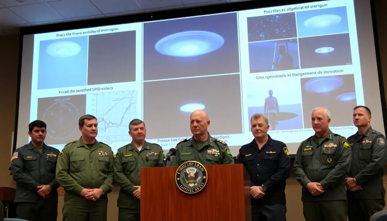 Military personnel examining data related to unexplained aerial phenomena in a hightech control room