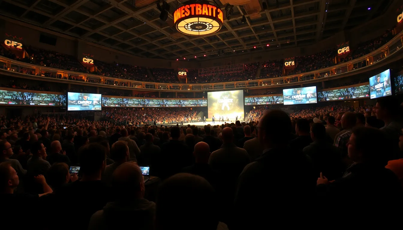 A large crowd gathers in an arena, eagerly watching professional gamers compete in a highstakes CounterStrike 2 tournament.