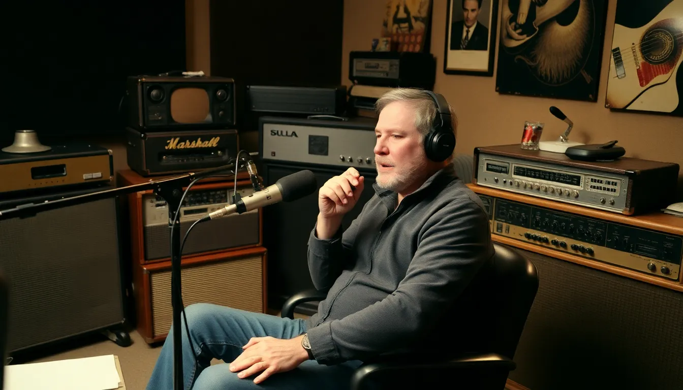 Philip Oakey sits in a cozy studio, thoughtfully speaking into a microphone while surrounded by vintage music equipment, reflecting on the unexpected success of his band's iconic song.