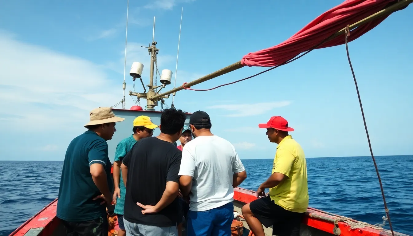 A group of Philippine fishermen gathers on a boat, expressing concern over the alleged cyanide dumping by Chinese fishermen in the South China Sea, as they discuss the potential impact on local fish populations and marine biodiversity.