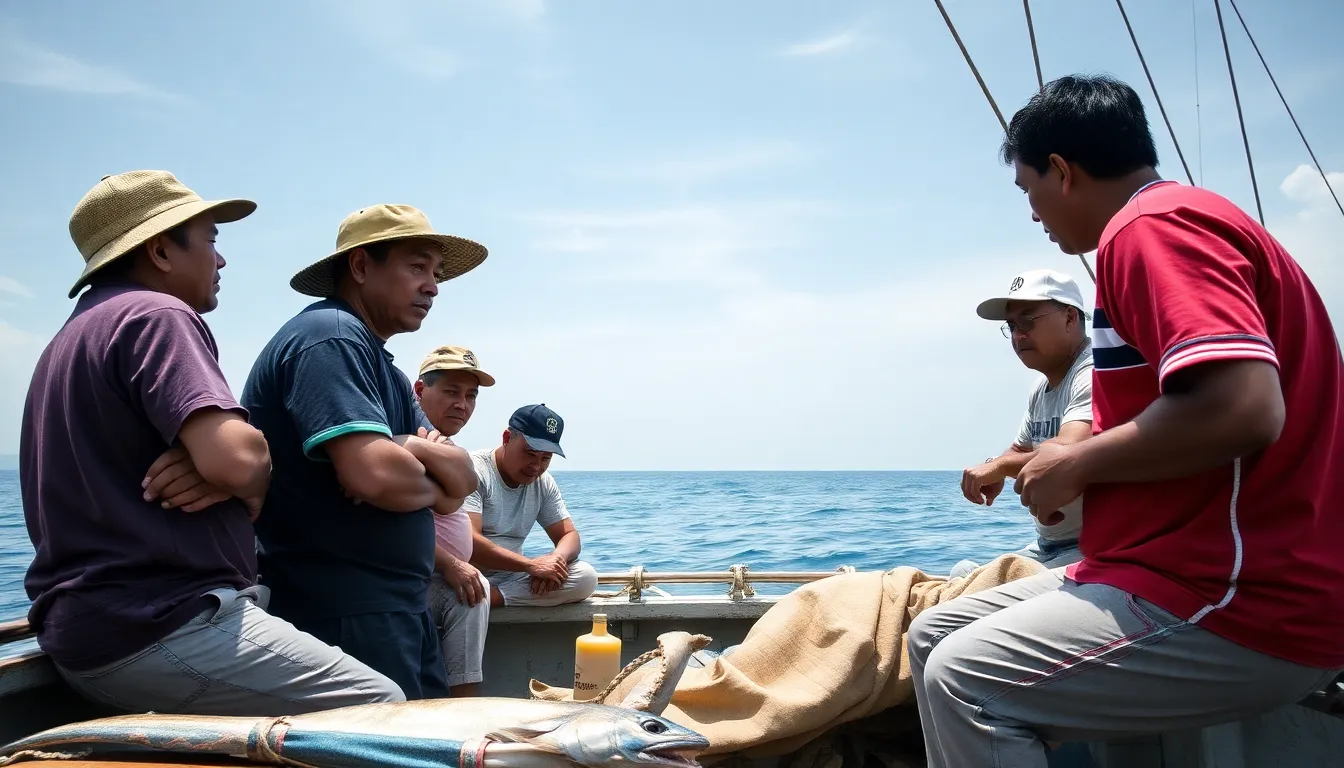 A local fishing community gathering to discuss the implications of environmental violations on their fish stocks and economy