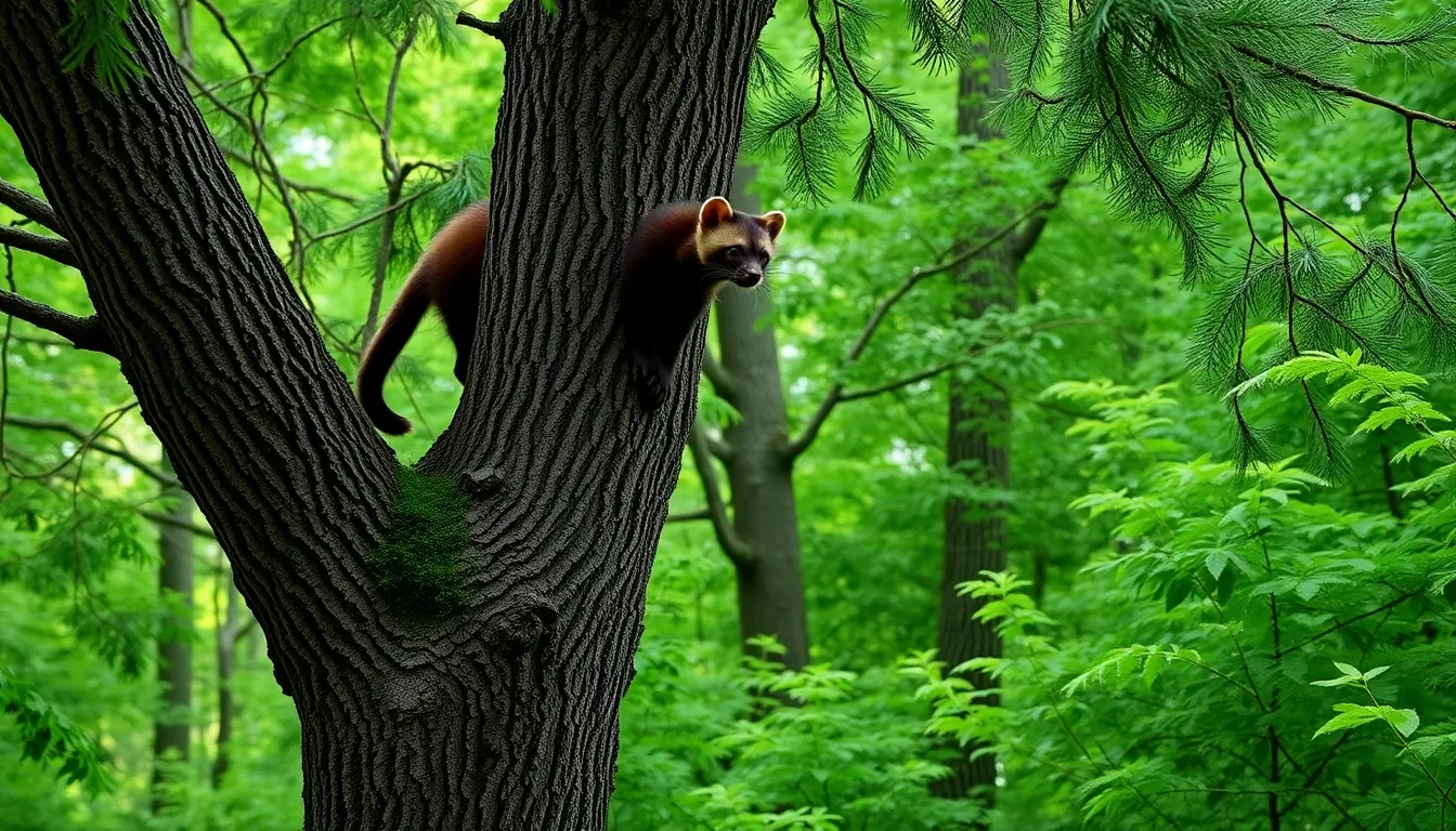 A pine marten is seen climbing a tree in a lush forest, highlighting the species' recovery due to conservation efforts.