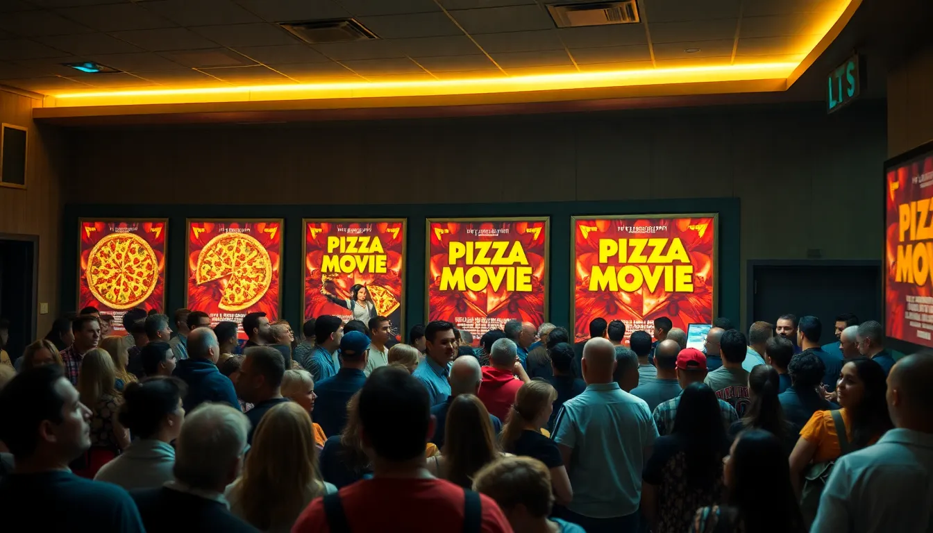A crowded movie theater buzzes with excitement as viewers eagerly await the screening of the new Pizza Movie, with posters of the film prominently displayed in the lobby.