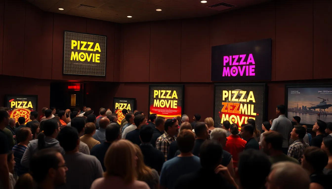 A bustling cinema filled with excited moviegoers eager to watch the 'Pizza Movie' on opening weekend