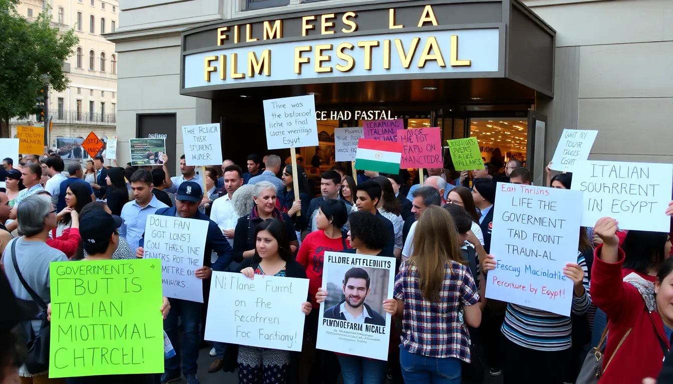 A crowd of protesters gathers outside a film festival venue, holding signs demanding government support for the documentary about the murder of an Italian student in Egypt.