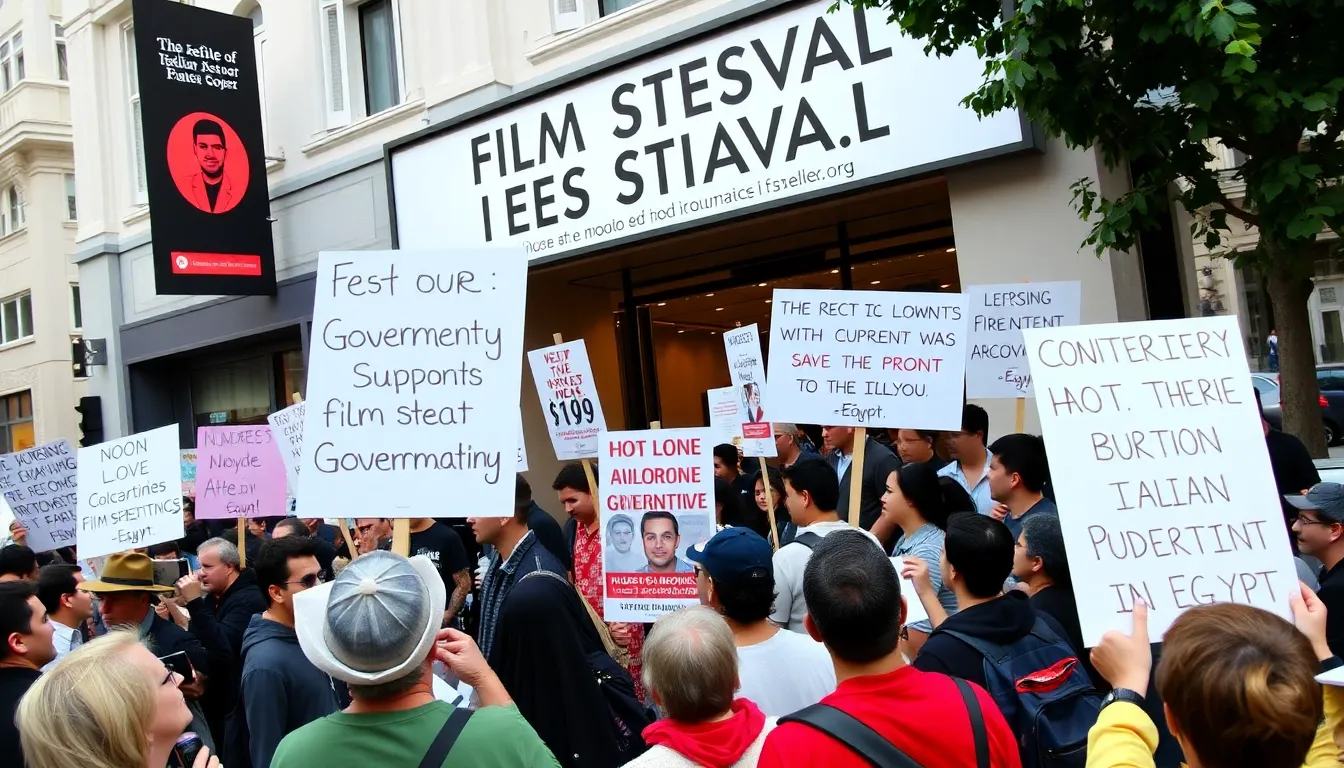 A group of political activists holding a rally, advocating for artistic freedom and expressing concern over government censorship in the arts