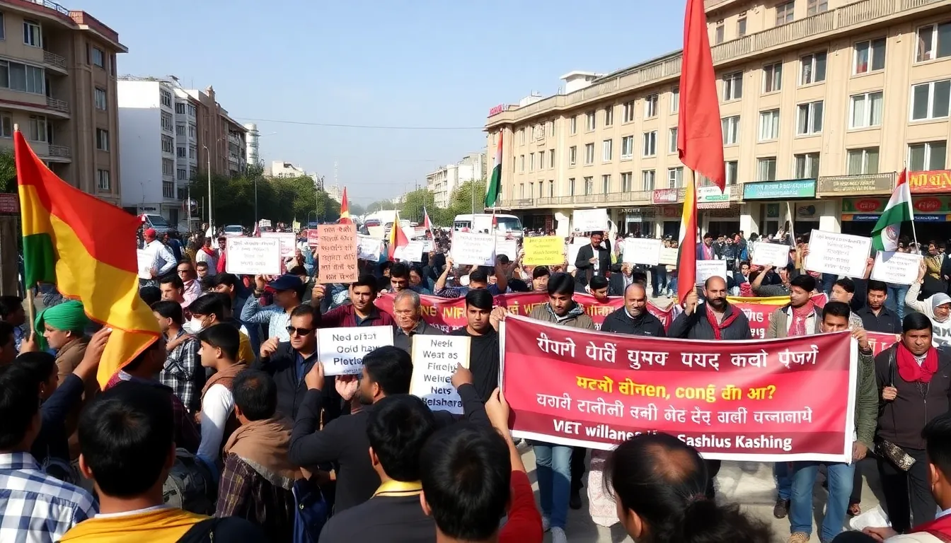 Protesters gather in a city square in Jammu and Kashmir, holding banners and chanting slogans against the recent electoral law changes that have stripped nine million residents of their voting rights.