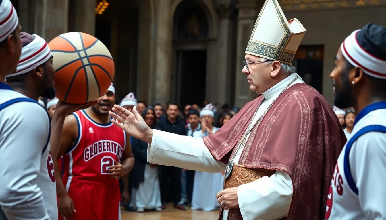 Pope Leo XIV skillfully spins a basketball on his finger while interacting playfully with the Harlem Globetrotters at the Vatican, captivating an enthusiastic audience.