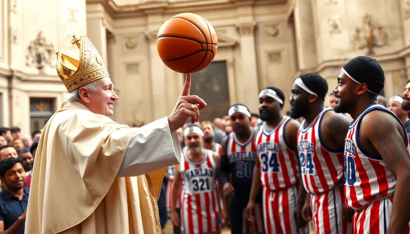The audience erupts in laughter and applause as the Pope engages with the Globetrotters, highlighting the joyful atmosphere of the event
