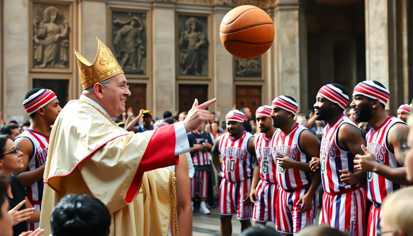 The Harlem Globetrotters demonstrate their impressive basketball skills while connecting with a diverse crowd, emphasizing unity and community spirit