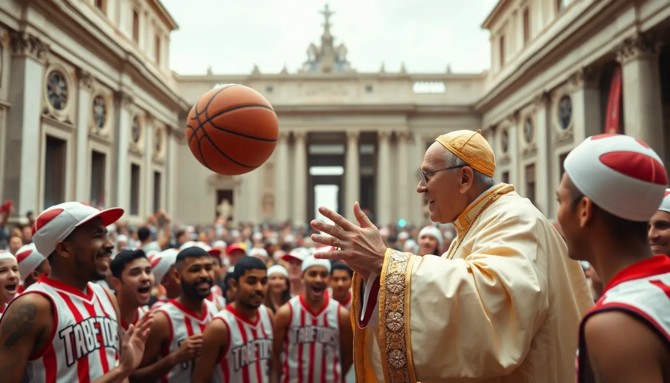 Pope Leo XIV shares a lighthearted moment with the Globetrotters, illustrating the modern approach of the Church in embracing popular culture and sports