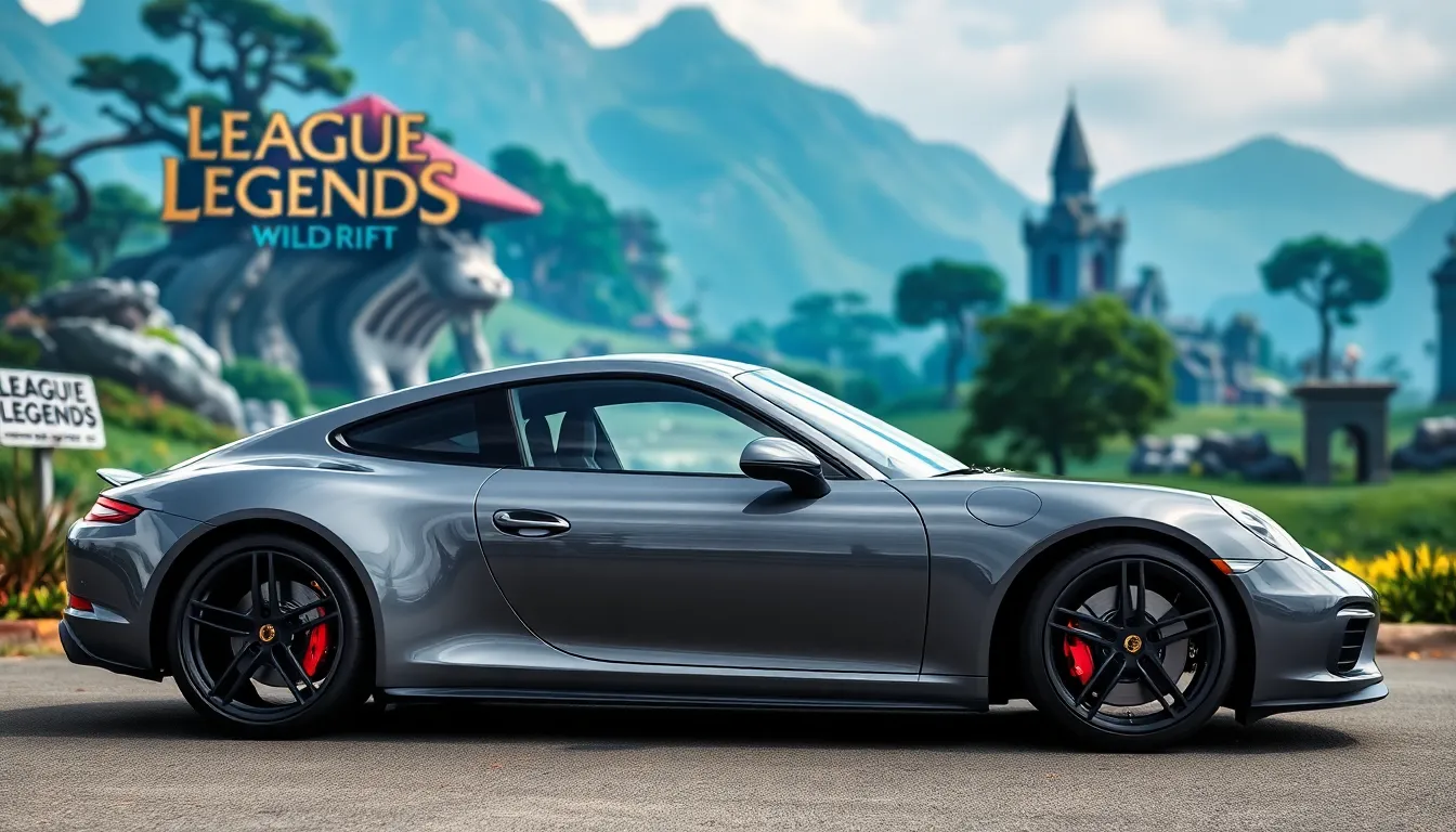 A sleek Porsche sports car is showcased alongside vibrant League of Legends Wild Rift graphics, highlighting the exciting collaboration between the luxury automotive brand and the popular mobile game.