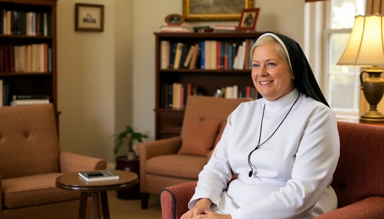 Sister Julienne smiles warmly while speaking during an interview, highlighting her admiration for the television series Call the Midwife and its portrayal of midwifery.