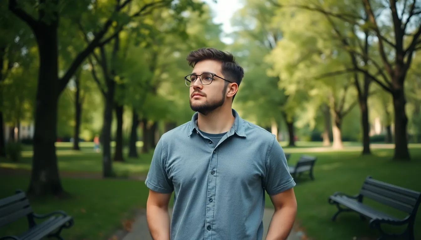 Preston stands thoughtfully in a park, reflecting on his experiences with fame and the challenges he has faced since his time on Big Brother.