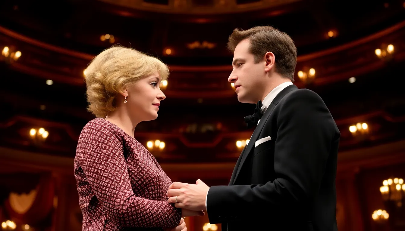 A scene from the Lyric Theatre in London shows actors Jane Horrocks and Toby Stephens performing a pivotal moment from Noël Coward's Private Lives, capturing the tension and emotional depth of their characters' reunion.